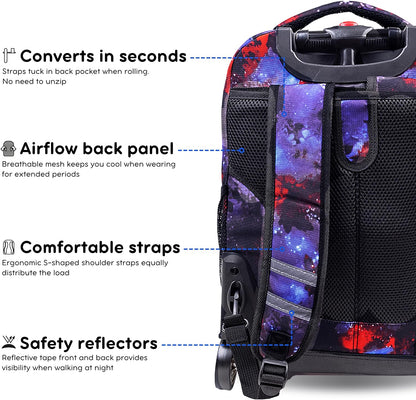 Sunrise Kids Rolling Backpack with Wheels for Girls Boys, Roller Bookbag for School, 18 x 13 x 9 Inches, Confetti - Colors B