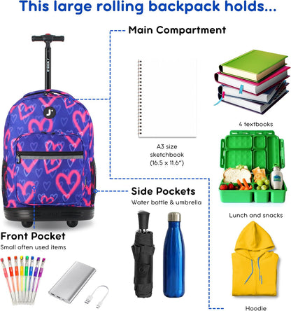 Sunrise Kids Rolling Backpack with Wheels for Girls Boys, Roller Bookbag for School, 18 x 13 x 9 Inches, Confetti - Colors B