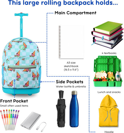 Sunrise Kids Rolling Backpack with Wheels for Girls Boys, Roller Bookbag for School, 18 x 13 x 9 Inches, Confetti - Colors B