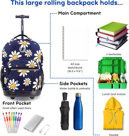 Sunrise Kids Rolling Backpack with Wheels for Girls Boys, Roller Bookbag for School, 18 x 13 x 9 Inches, Confetti - Colors B