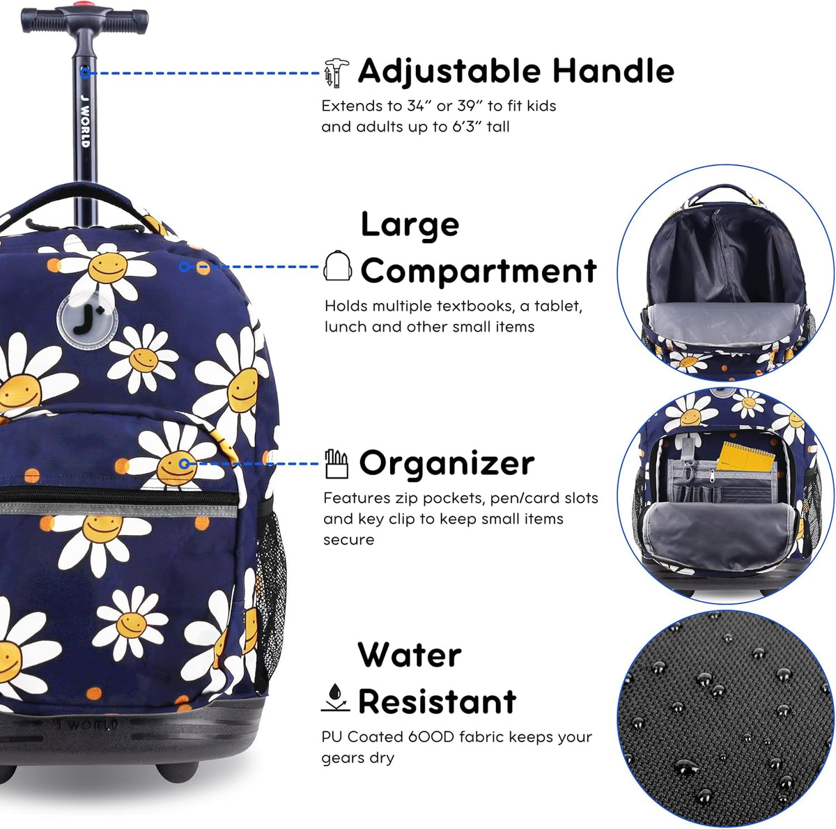 Sunrise Kids Rolling Backpack with Wheels for Girls Boys, Roller Bookbag for School, 18 x 13 x 9 Inches, Confetti - Colors B