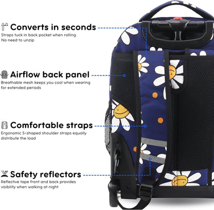 Sunrise Kids Rolling Backpack with Wheels for Girls Boys, Roller Bookbag for School, 18 x 13 x 9 Inches, Confetti - Colors B