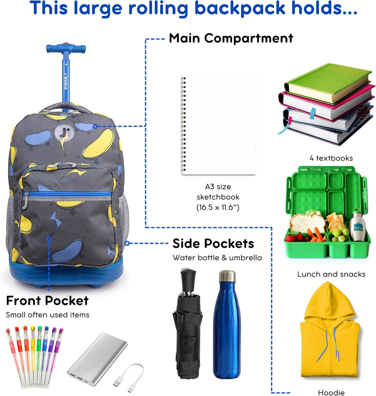 Sunrise Kids Rolling Backpack with Wheels for Girls Boys, Roller Bookbag for School, 18 x 13 x 9 Inches, Confetti - Colors B