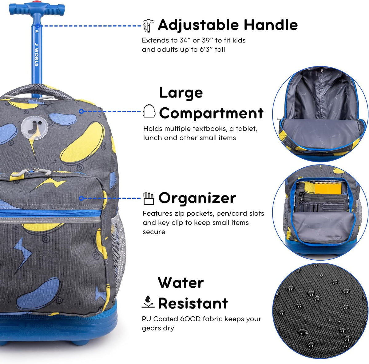 Sunrise Kids Rolling Backpack with Wheels for Girls Boys, Roller Bookbag for School, 18 x 13 x 9 Inches, Confetti - Colors B