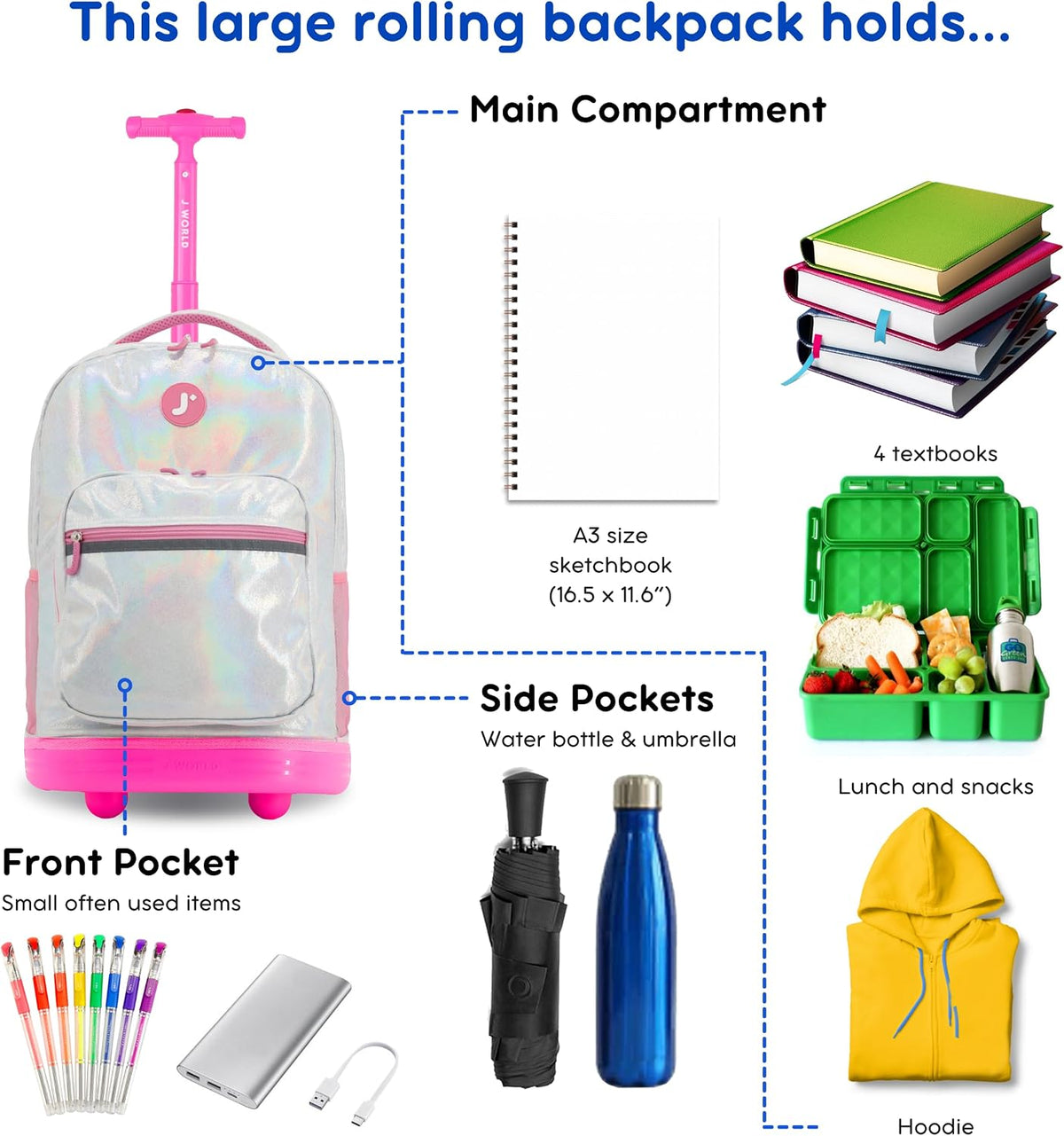 Sunrise Kids Rolling Backpack with Wheels for Girls Boys, Roller Bookbag for School, 18 x 13 x 9 Inches, Confetti - Colors B