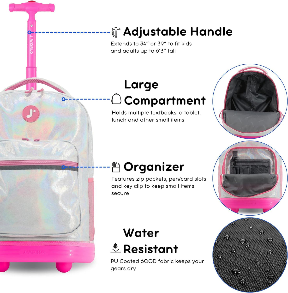 Sunrise Kids Rolling Backpack with Wheels for Girls Boys, Roller Bookbag for School, 18 x 13 x 9 Inches, Confetti - Colors B