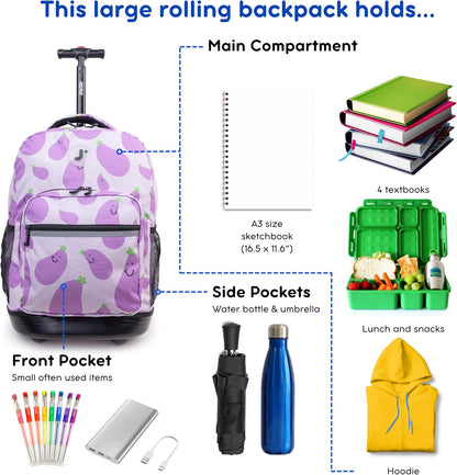Sunrise Kids Rolling Backpack with Wheels for Girls Boys, Roller Bookbag for School, 18 x 13 x 9 Inches, Confetti - Colors B