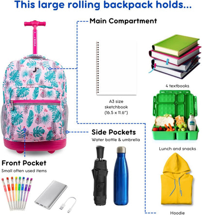 Sunrise Kids Rolling Backpack with Wheels for Girls Boys, Roller Bookbag for School, 18 x 13 x 9 Inches, Confetti - Colors B
