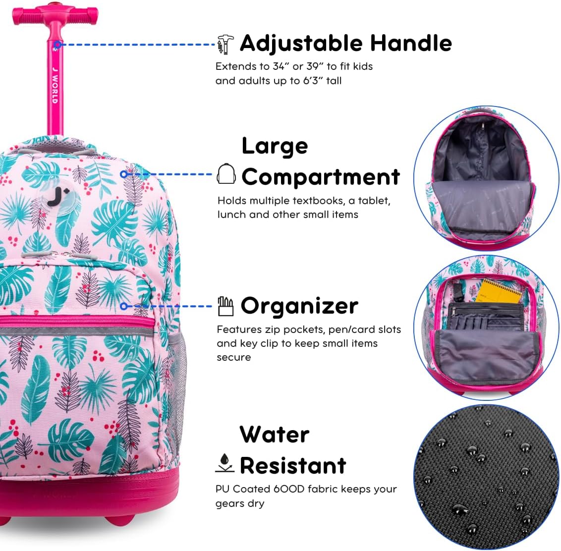 Sunrise Kids Rolling Backpack with Wheels for Girls Boys, Roller Bookbag for School, 18 x 13 x 9 Inches, Confetti - Colors B
