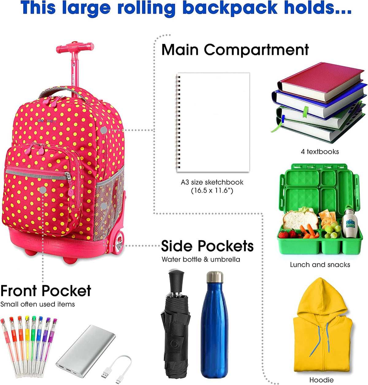 Sunrise Kids Rolling Backpack with Wheels for Girls Boys, Roller Bookbag for School, 18 x 13 x 9 Inches, Confetti - Colors B