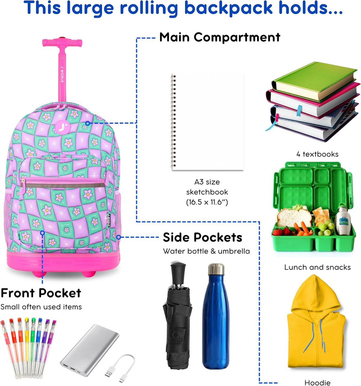 Sunrise Kids Rolling Backpack with Wheels for Girls Boys, Roller Bookbag for School, 18 x 13 x 9 Inches, Confetti - Colors B