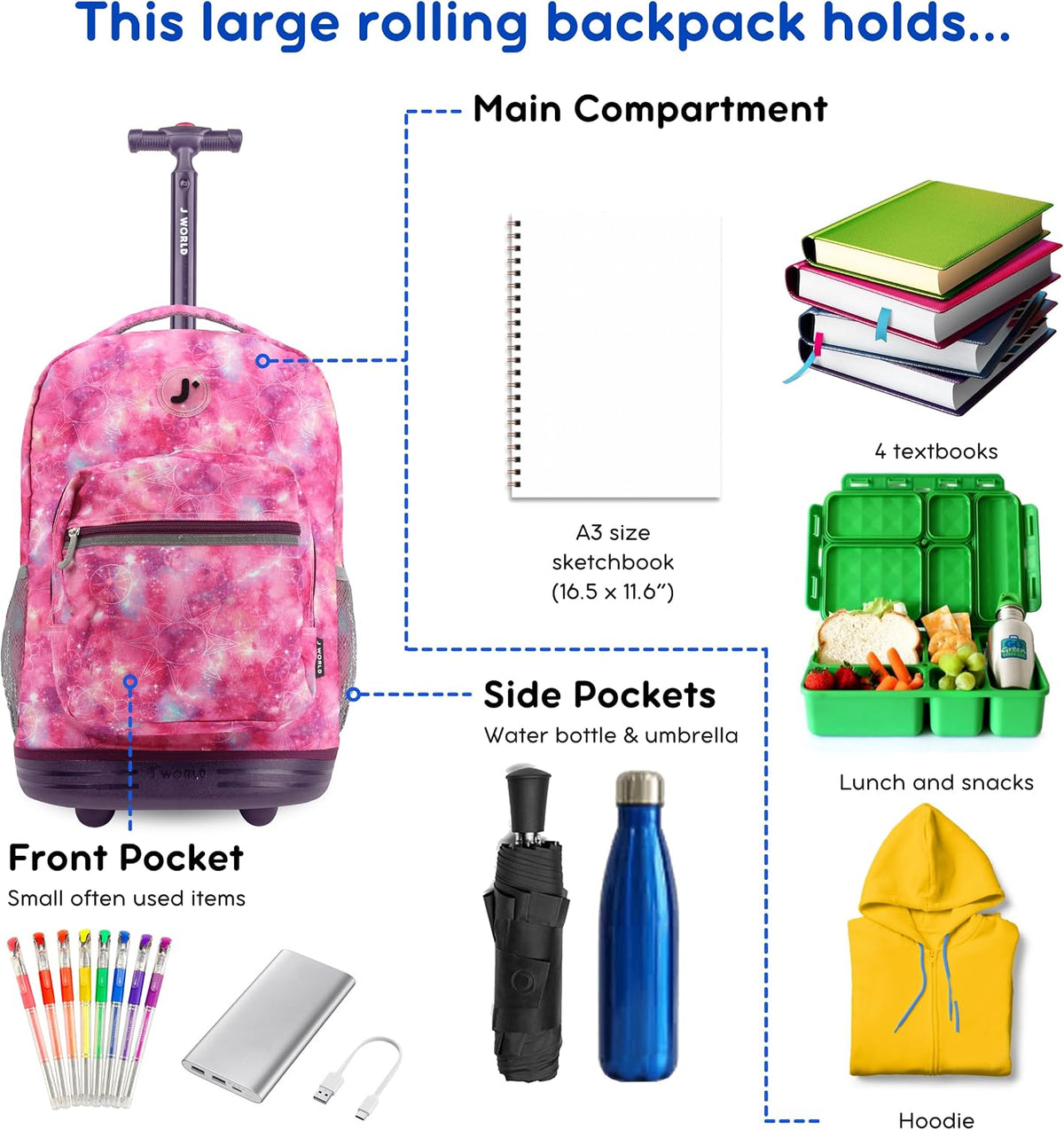 Sunrise Kids Rolling Backpack with Wheels for Girls Boys, Roller Bookbag for School, 18 x 13 x 9 Inches, Confetti - Colors B