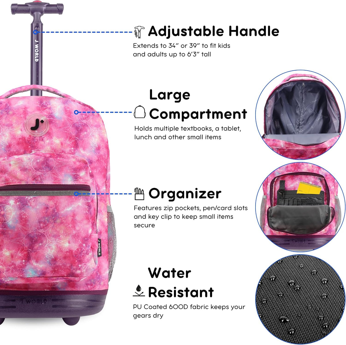 Sunrise Kids Rolling Backpack with Wheels for Girls Boys, Roller Bookbag for School, 18 x 13 x 9 Inches, Confetti - Colors B