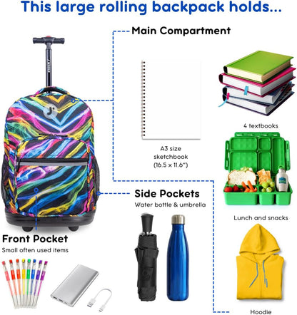 Sunrise Kids Rolling Backpack with Wheels for Girls Boys, Roller Bookbag for School, 18 x 13 x 9 Inches, Confetti - Colors B