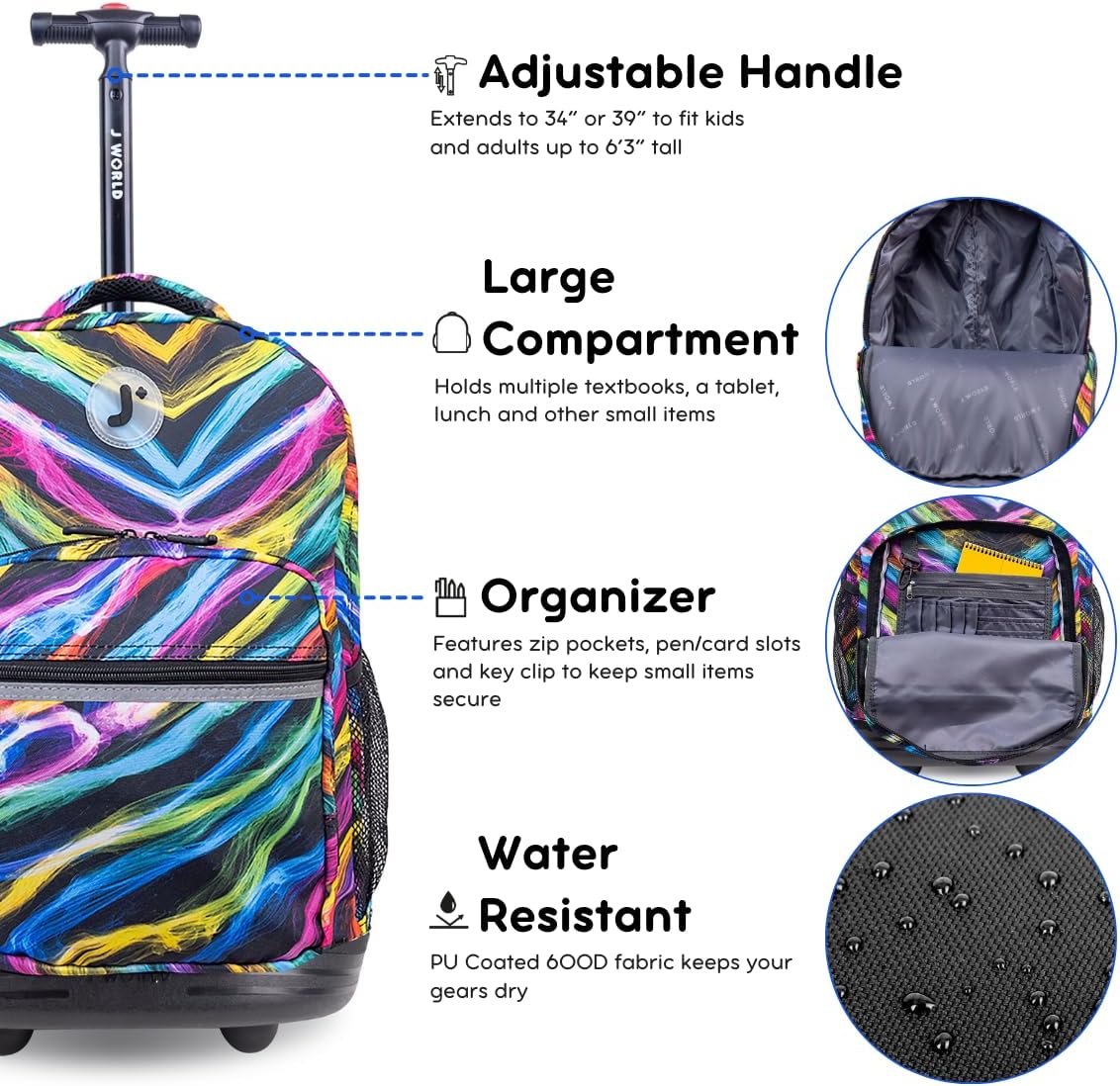 Sunrise Kids Rolling Backpack with Wheels for Girls Boys, Roller Bookbag for School, 18 x 13 x 9 Inches, Confetti - Colors B
