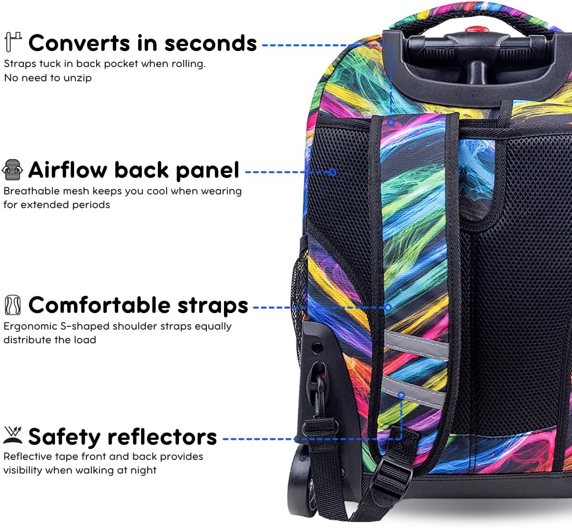 Sunrise Kids Rolling Backpack with Wheels for Girls Boys, Roller Bookbag for School, 18 x 13 x 9 Inches, Confetti - Colors B
