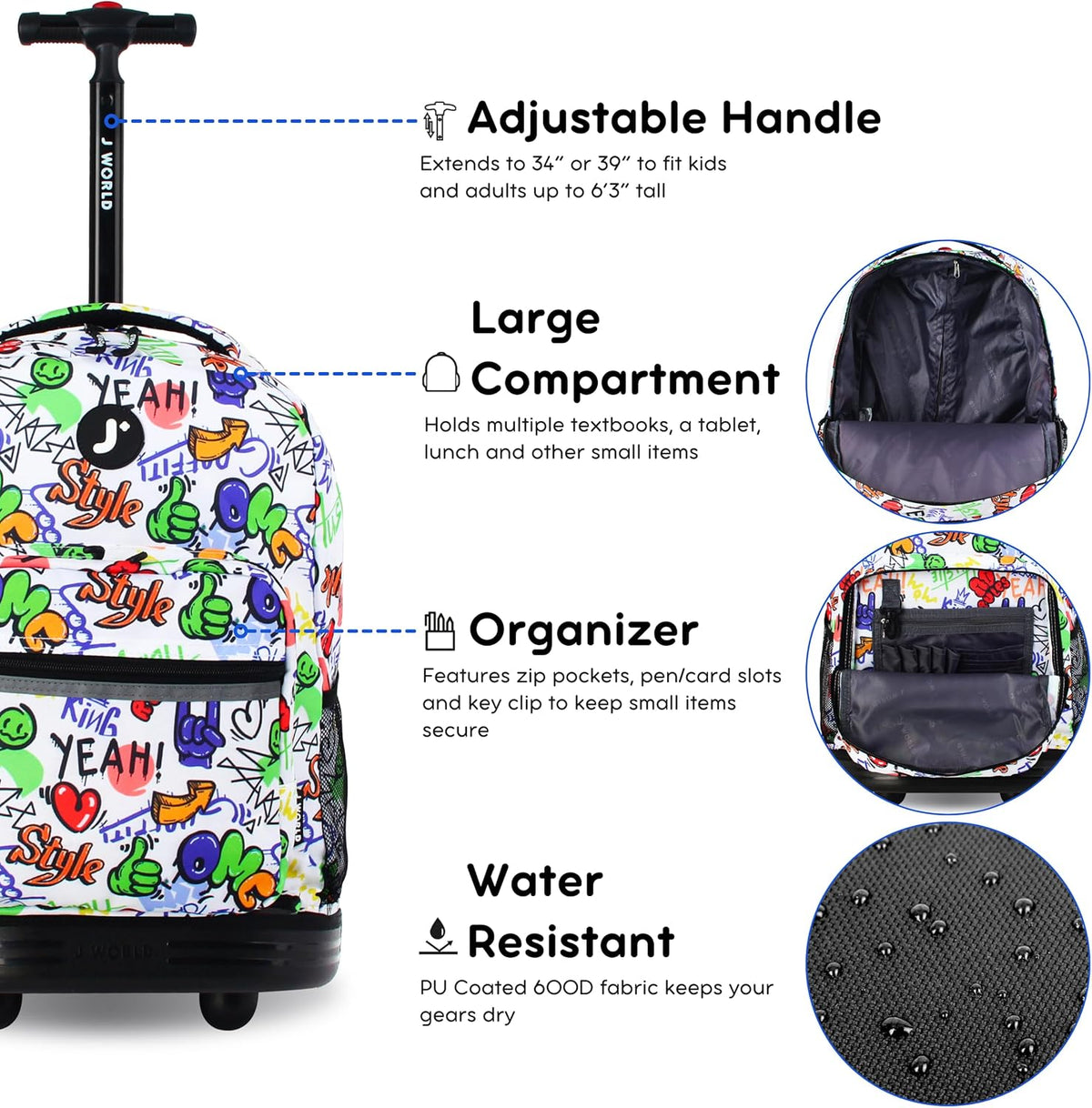 Sunrise Kids Rolling Backpack with Wheels for Girls Boys, Roller Bookbag for School, 18 x 13 x 9 Inches, Confetti - Colors B