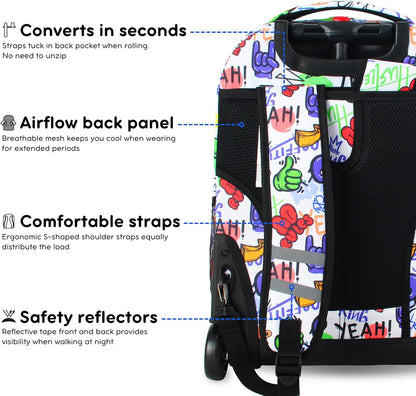Sunrise Kids Rolling Backpack with Wheels for Girls Boys, Roller Bookbag for School, 18 x 13 x 9 Inches, Confetti - Colors B