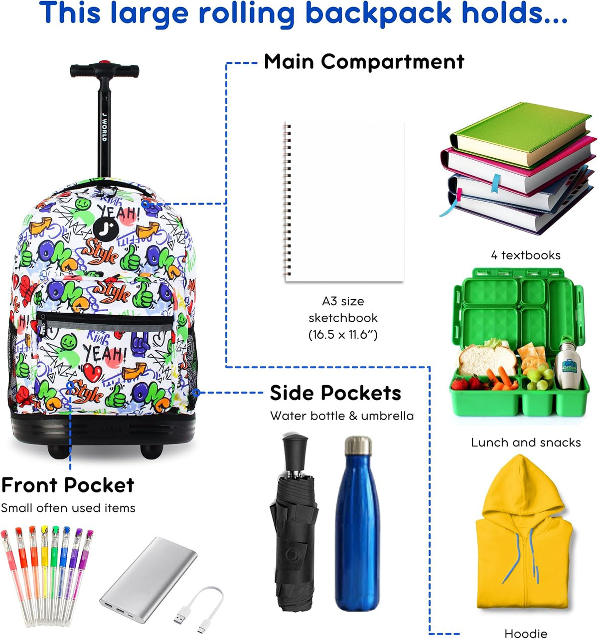 Sunrise Kids Rolling Backpack with Wheels for Girls Boys, Roller Bookbag for School, 18 x 13 x 9 Inches, Confetti - Colors B