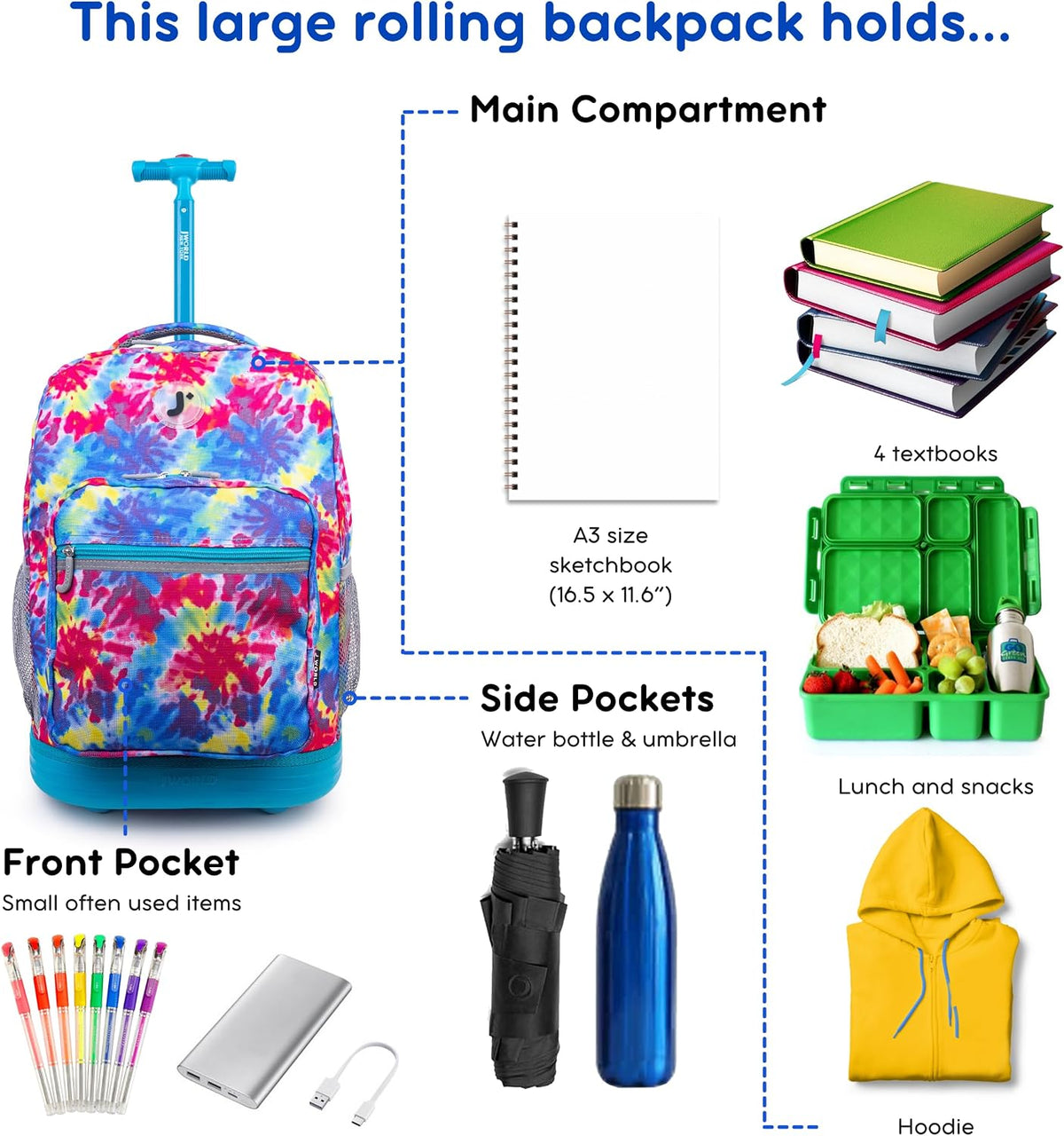 Sunrise Kids Rolling Backpack with Wheels for Girls Boys, Roller Bookbag for School, 18 x 13 x 9 Inches, Confetti - Colors B