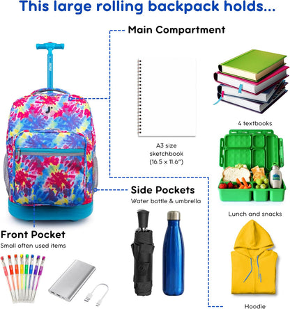 Sunrise Kids Rolling Backpack with Wheels for Girls Boys, Roller Bookbag for School, 18 x 13 x 9 Inches, Confetti - Colors B