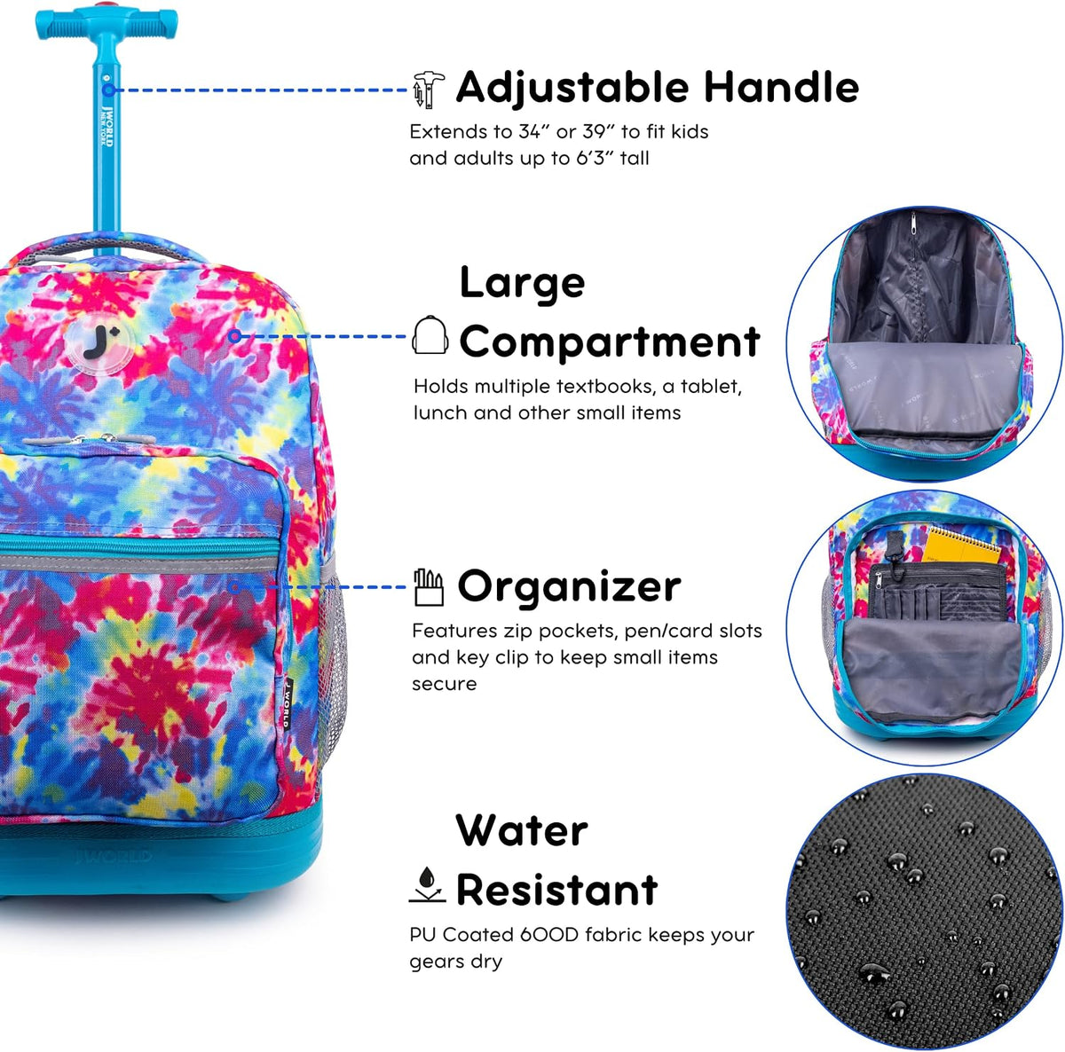 Sunrise Kids Rolling Backpack with Wheels for Girls Boys, Roller Bookbag for School, 18 x 13 x 9 Inches, Confetti - Colors B