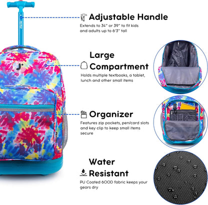 Sunrise Kids Rolling Backpack with Wheels for Girls Boys, Roller Bookbag for School, 18 x 13 x 9 Inches, Confetti - Colors B