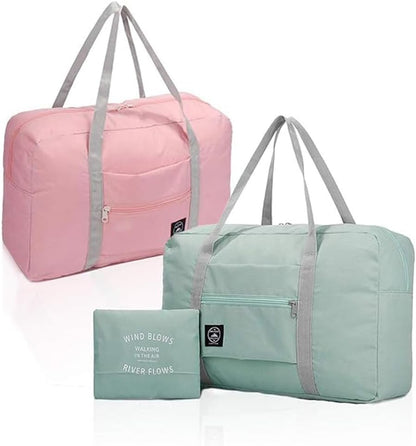 2 Pack High Capacity Foldable Travel Duffel Bag, Portable Waterproof Carry On Luggage Handbag, Weekender Overnight Handbag for Sports, Gym, Vacation (Light blue, Light blue)