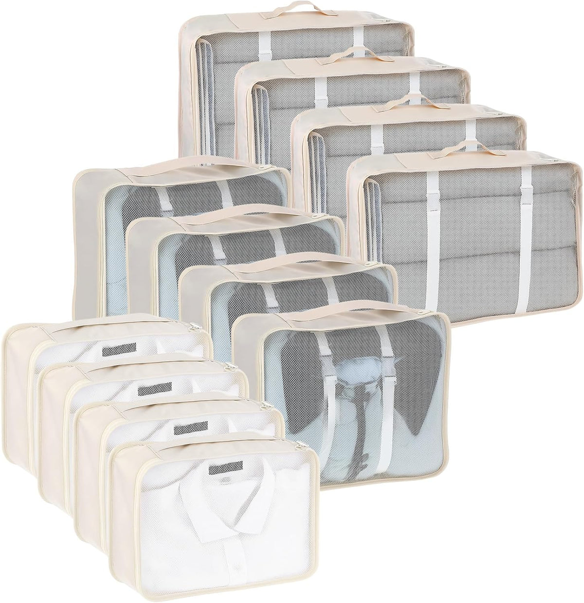 12 Pcs Packing Cubes for Suitcase Travel Luggage Bags Bulk Mesh Organizer Set for Hiking Camping Backpacking Clothes Accessories(Light Khaki, S, M, L Size)