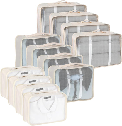 12 Pcs Packing Cubes for Suitcase Travel Luggage Bags Bulk Mesh Organizer Set for Hiking Camping Backpacking Clothes Accessories(Light Khaki, S, M, L Size)