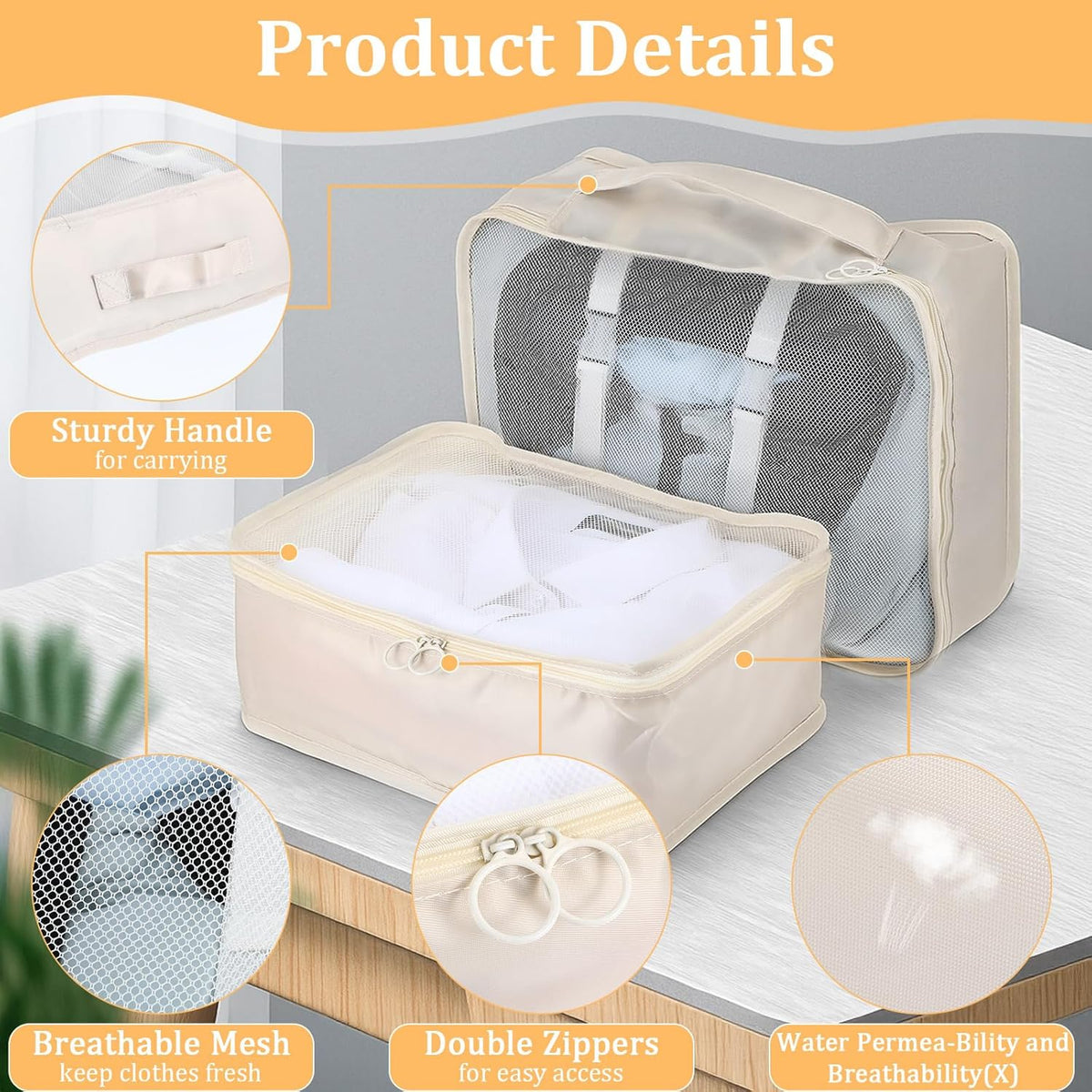 12 Pcs Packing Cubes for Suitcase Travel Luggage Bags Bulk Mesh Organizer Set for Hiking Camping Backpacking Clothes Accessories(Light Khaki, S, M, L Size)