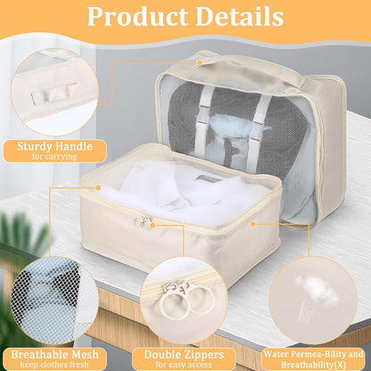12 Pcs Packing Cubes for Suitcase Travel Luggage Bags Bulk Mesh Organizer Set for Hiking Camping Backpacking Clothes Accessories(Light Khaki, S, M, L Size)