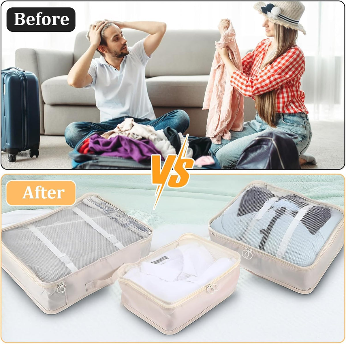 12 Pcs Packing Cubes for Suitcase Travel Luggage Bags Bulk Mesh Organizer Set for Hiking Camping Backpacking Clothes Accessories(Light Khaki, S, M, L Size)