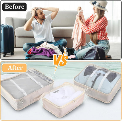 12 Pcs Packing Cubes for Suitcase Travel Luggage Bags Bulk Mesh Organizer Set for Hiking Camping Backpacking Clothes Accessories(Light Khaki, S, M, L Size)