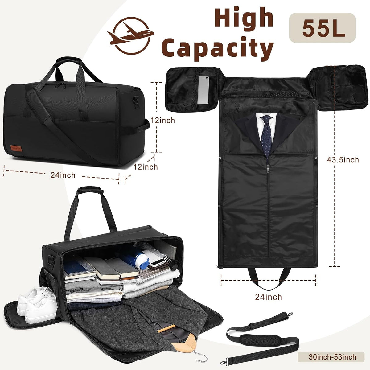 Garment Bags for Travel 3 in 1 Carry On Convertible Suit Travel Duffel Bag with Shoe Compartment Waterproof Large Hanging Travel Suit Bag for Men Ideal Gift for Christmas &Thanksgiving