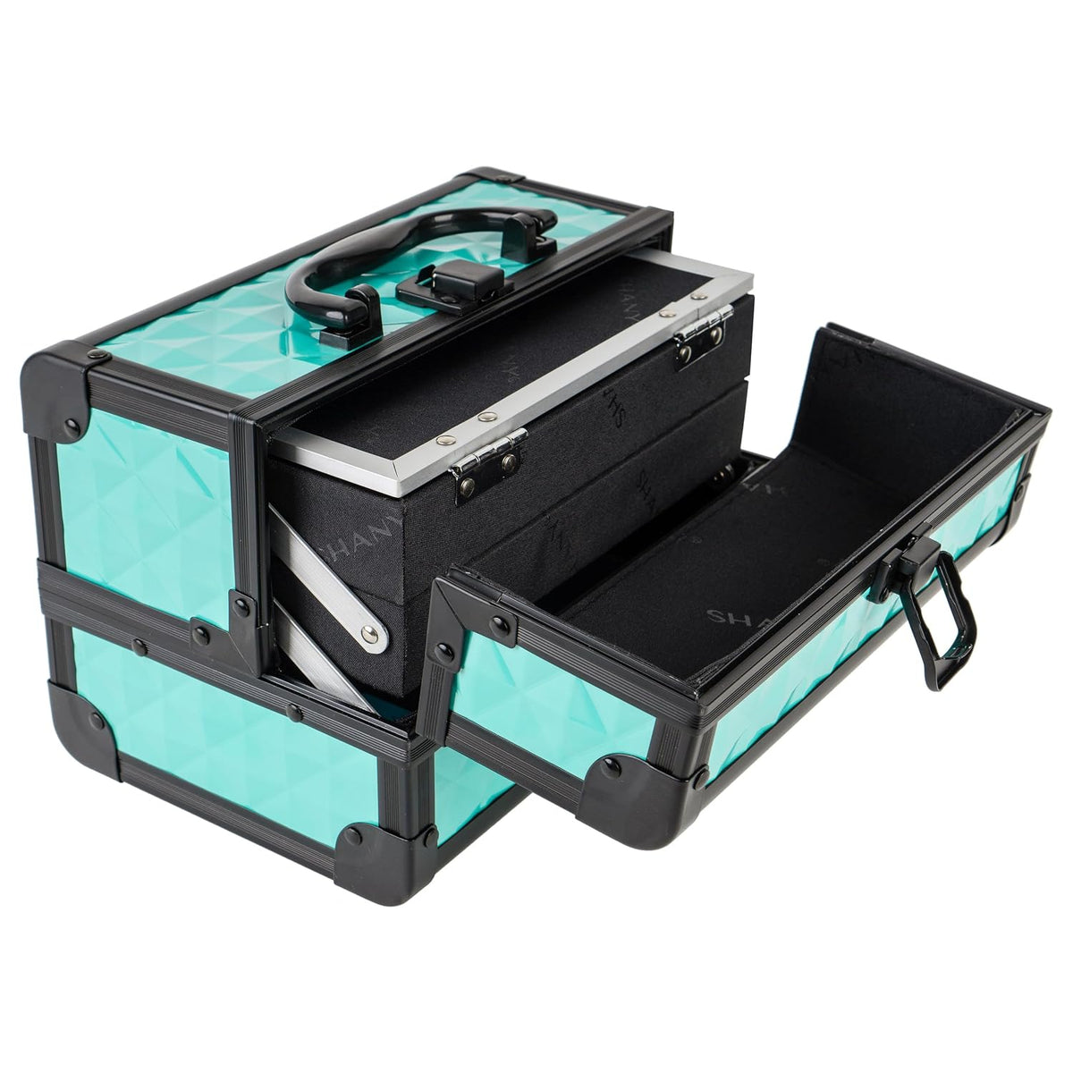 SHANY Chic Makeup Train Case Cosmetic Box Portable Makeup Case Cosmetics Beauty Organizer Jewelry storage with Locks, Multi trays Makeup Storage Box with Makeup Mirror - Aqua