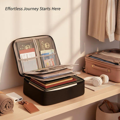 Travel Document Organizer with Zipper, Expanding File Folder for Passports & Tickets, Durable Oxford Cloth Wallet for Airport Check-in (Black)