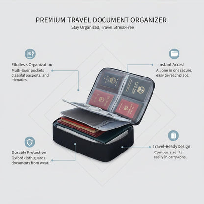 Travel Document Organizer with Zipper, Expanding File Folder for Passports & Tickets, Durable Oxford Cloth Wallet for Airport Check-in (Black)