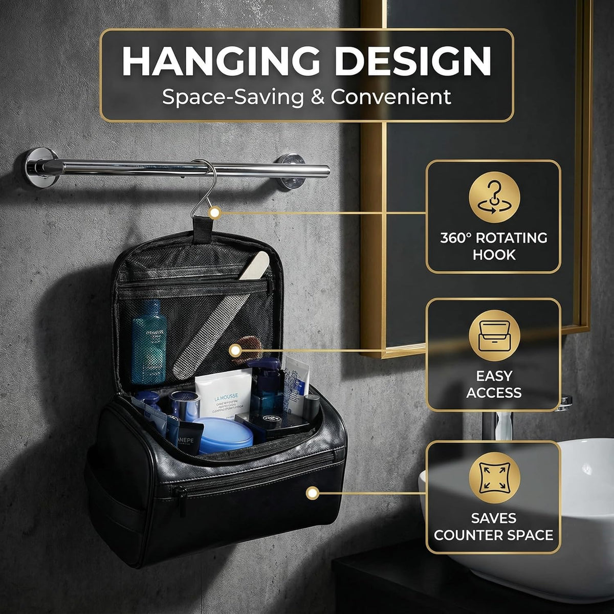 Men’s Hanging Toiletry Bag, Large Capacity Travel Dopp Kit Organizer for Business Trip – Waterproof Shaving Bag Multi-Compartment Storage for Grooming Essentials, Bathroom & Gym (Black)