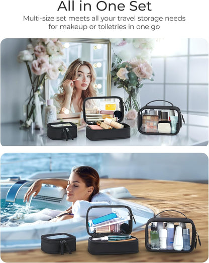 TSA-Approved Toiletry Bag, Large Opening Clear Makeup Bag with Handle, Quart Sized Travel Toiletry Bag, Carry-On Airline Compliant for Men and Women (Black)