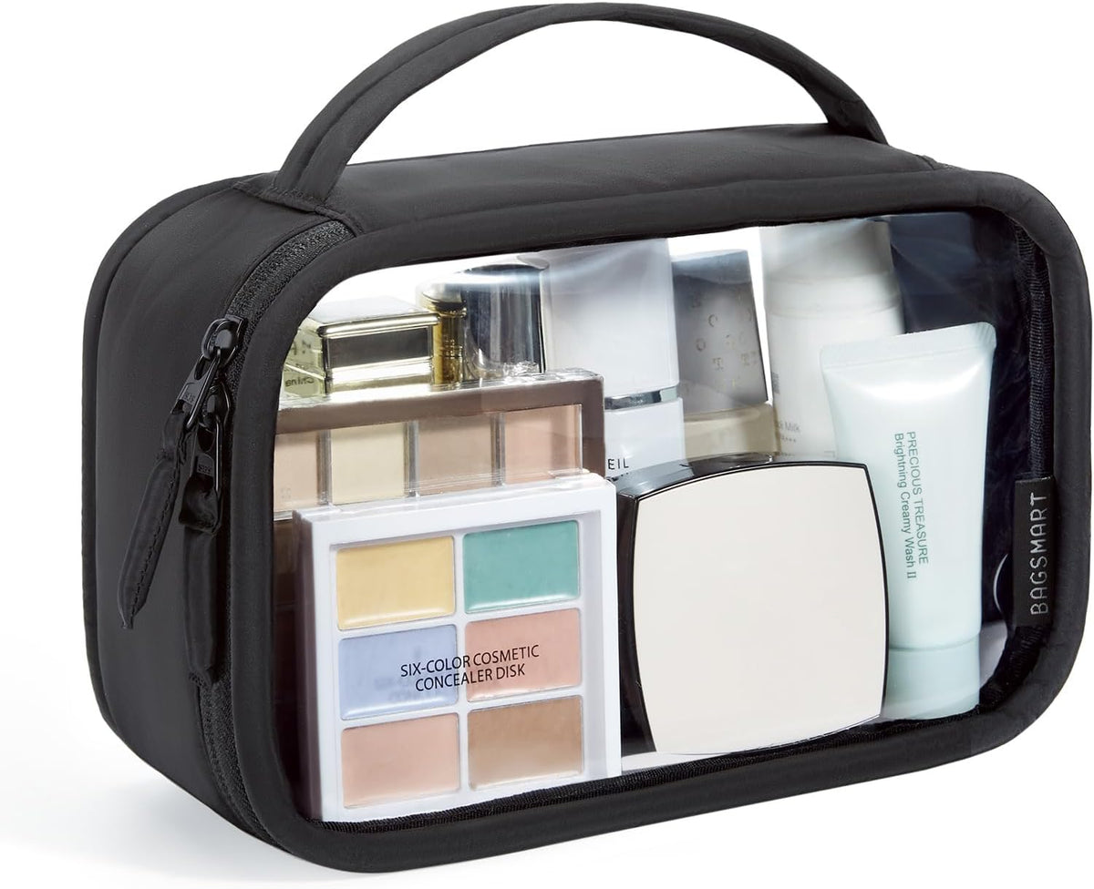 TSA-Approved Toiletry Bag, Large Opening Clear Makeup Bag with Handle, Quart Sized Travel Toiletry Bag, Carry-On Airline Compliant for Men and Women (Black)