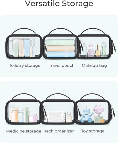 TSA-Approved Toiletry Bag, Large Opening Clear Makeup Bag with Handle, Quart Sized Travel Toiletry Bag, Carry-On Airline Compliant for Men and Women (Black)