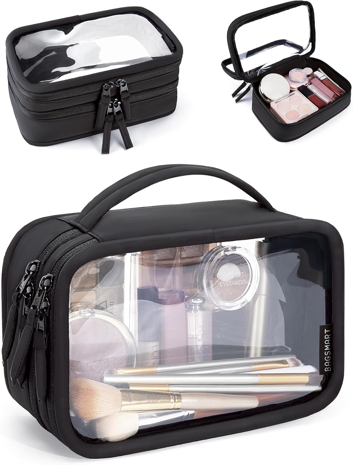 TSA-Approved Toiletry Bag, Large Opening Clear Makeup Bag with Handle, Quart Sized Travel Toiletry Bag, Carry-On Airline Compliant for Men and Women (Black)