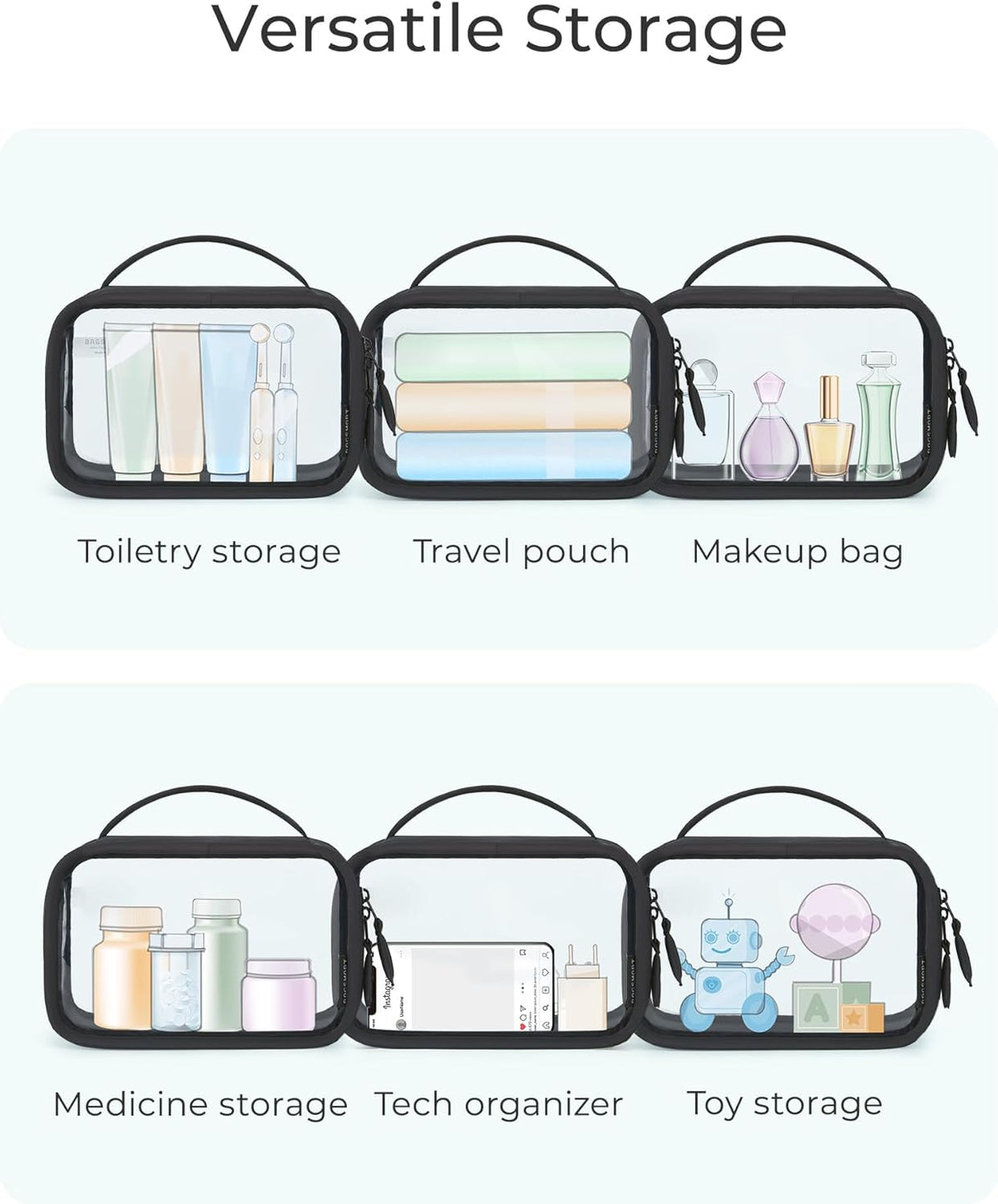 TSA-Approved Toiletry Bag, Large Opening Clear Makeup Bag with Handle, Quart Sized Travel Toiletry Bag, Carry-On Airline Compliant for Men and Women (Black)