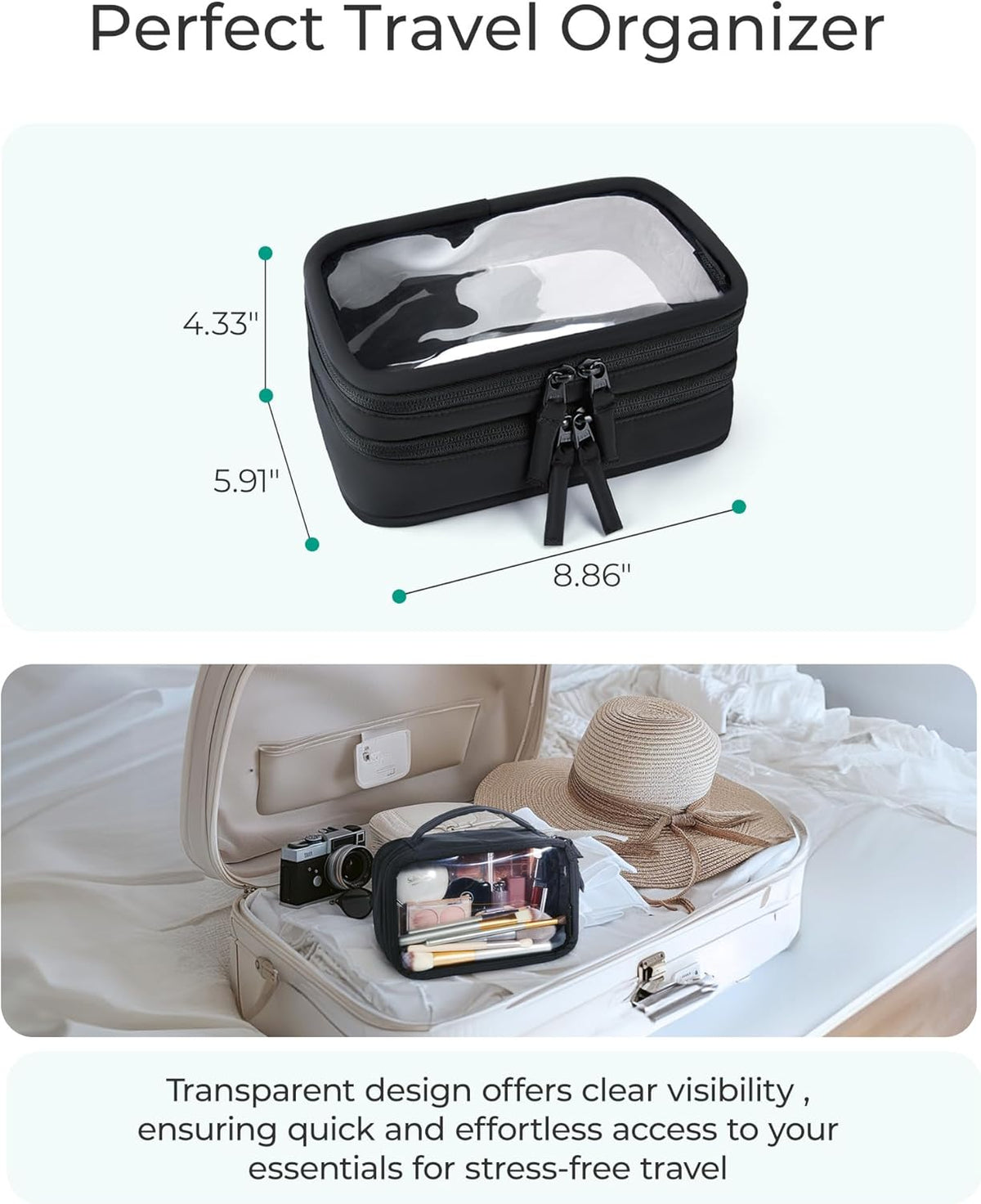TSA-Approved Toiletry Bag, Large Opening Clear Makeup Bag with Handle, Quart Sized Travel Toiletry Bag, Carry-On Airline Compliant for Men and Women (Black)