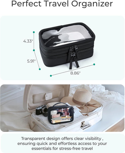 TSA-Approved Toiletry Bag, Large Opening Clear Makeup Bag with Handle, Quart Sized Travel Toiletry Bag, Carry-On Airline Compliant for Men and Women (Black)