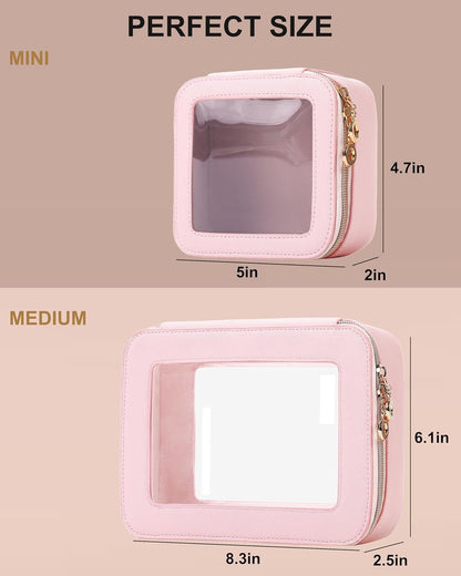 Small Clear Makeup Bag for Purse, Cute Mini Clear Cosmetic Bag Case Organizer, TSA Approved Square Small Makeup Case Pouch with Zipper, Car Travel Purse Essentials for Women (Pink, S)