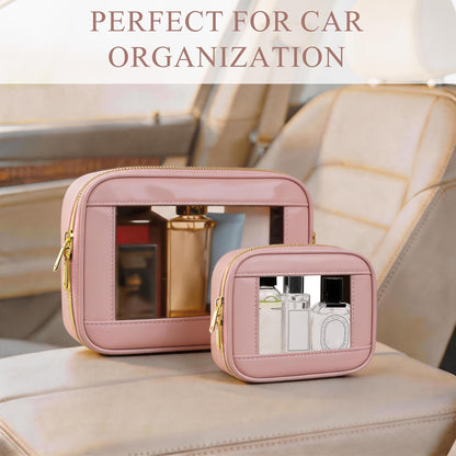 Small Clear Makeup Bag for Purse, Cute Mini Clear Cosmetic Bag Case Organizer, TSA Approved Square Small Makeup Case Pouch with Zipper, Car Travel Purse Essentials for Women (Pink, S)