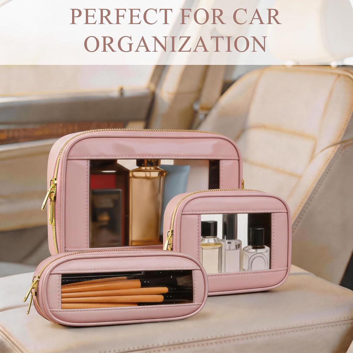 Small Clear Makeup Bag for Purse, Cute Mini Clear Cosmetic Bag Case Organizer, TSA Approved Square Small Makeup Case Pouch with Zipper, Car Travel Purse Essentials for Women (Pink, S)