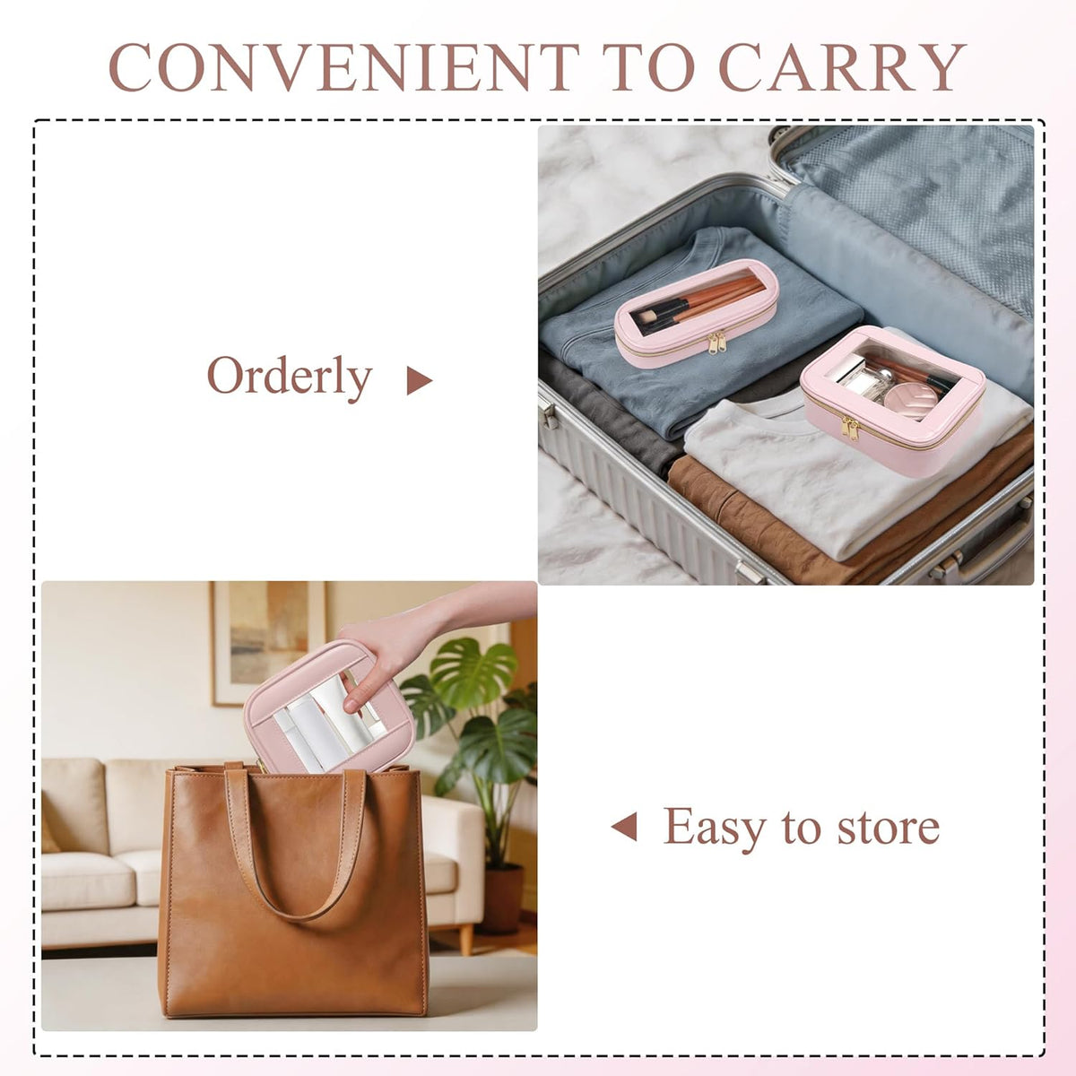 Small Clear Makeup Bag for Purse, Cute Mini Clear Cosmetic Bag Case Organizer, TSA Approved Square Small Makeup Case Pouch with Zipper, Car Travel Purse Essentials for Women (Pink, S)
